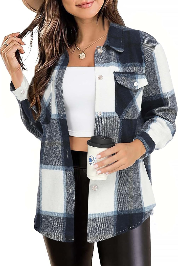 Timuspo Damen Flanell Karierte Hemdjacke Lange Ärmel Baumwolle Revers Button-Down-Bluse Shacket Mant