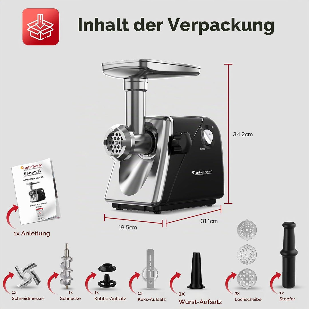 TurboTronic Elektrischer Fleischwolf Samurai – 2000W rostfreie Edelstahl Klingen Metallgetriebe best