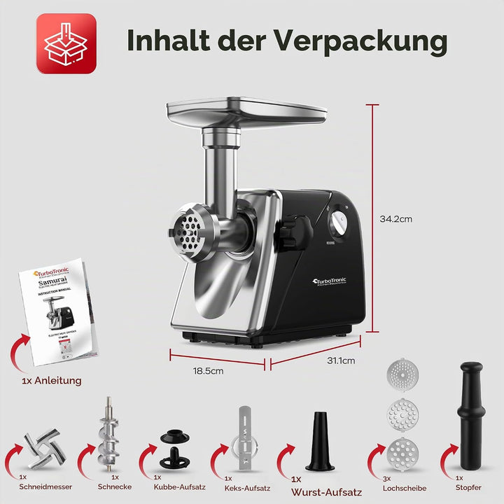 TurboTronic Elektrischer Fleischwolf Samurai – 2000W rostfreie Edelstahl Klingen Metallgetriebe best