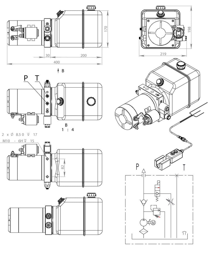 Hydraulikaggregat Hydraft, Hydraulikpumpe 12 V 180 bar 2000 Watt mit 4 Liter Tank und Kabelfernbedie