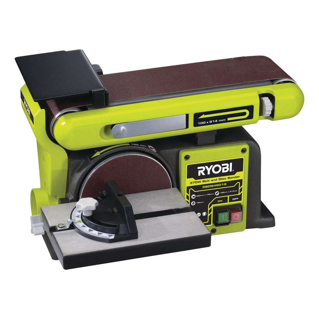 RYOBI 370 W Stand-Bandtellerschleifer (Leerlaufdrehzahl von 2.850 min-1, Winkel von 0 oder 90 Grad,