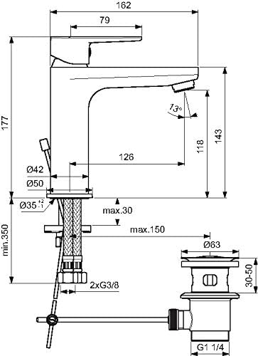 Ideal Standard Tyria Mischbatterie für Badezimmer, Chrom, mit Ablaufgarnitur, Metall, BC159AA, Chrom