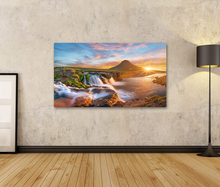 islandburner Bild auf Leinwand Schöne Landschaft Sonnenaufgang Kirkjufellsfoss Wasserfall Kirkjufell