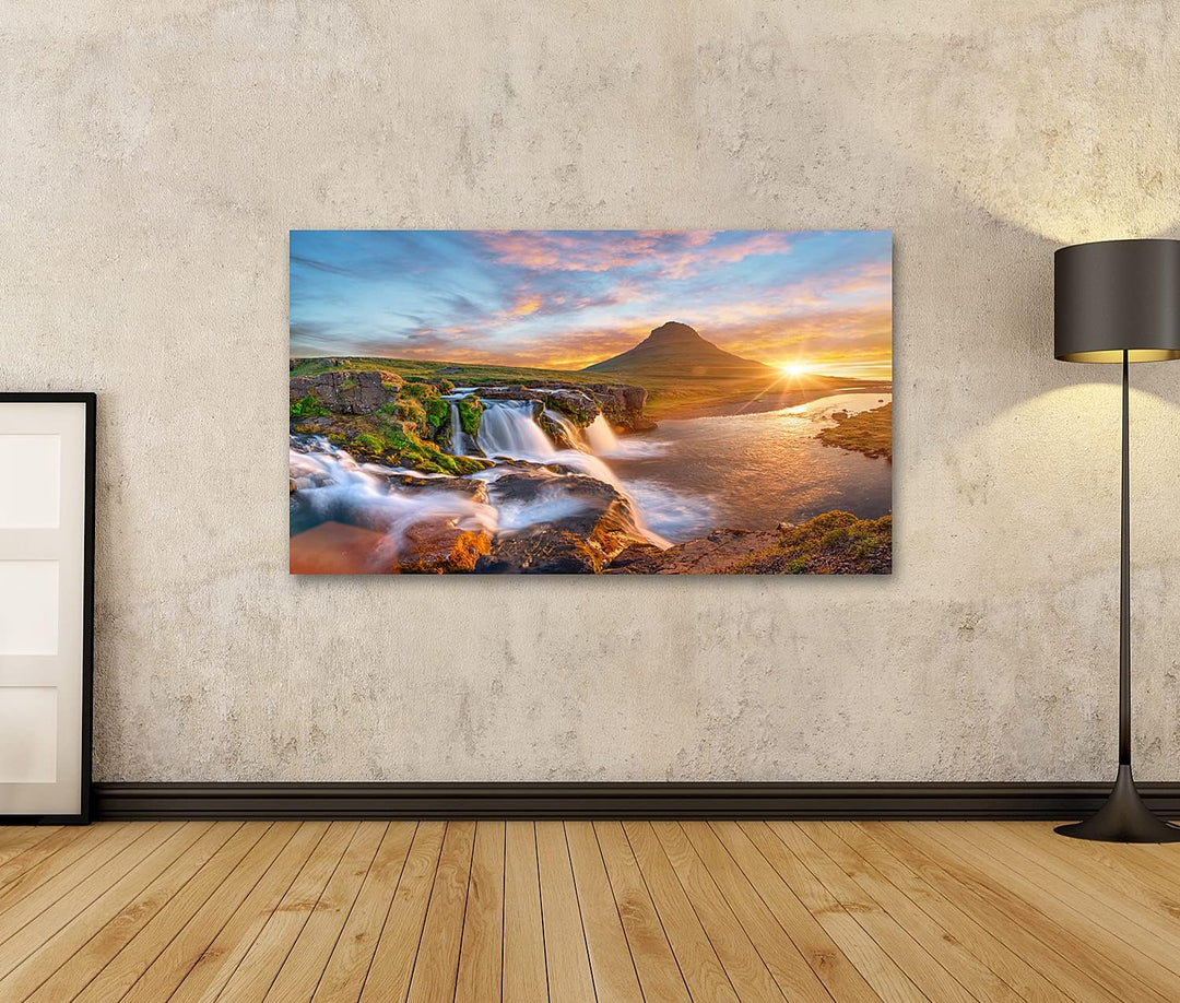 islandburner Bild auf Leinwand Schöne Landschaft Sonnenaufgang Kirkjufellsfoss Wasserfall Kirkjufell