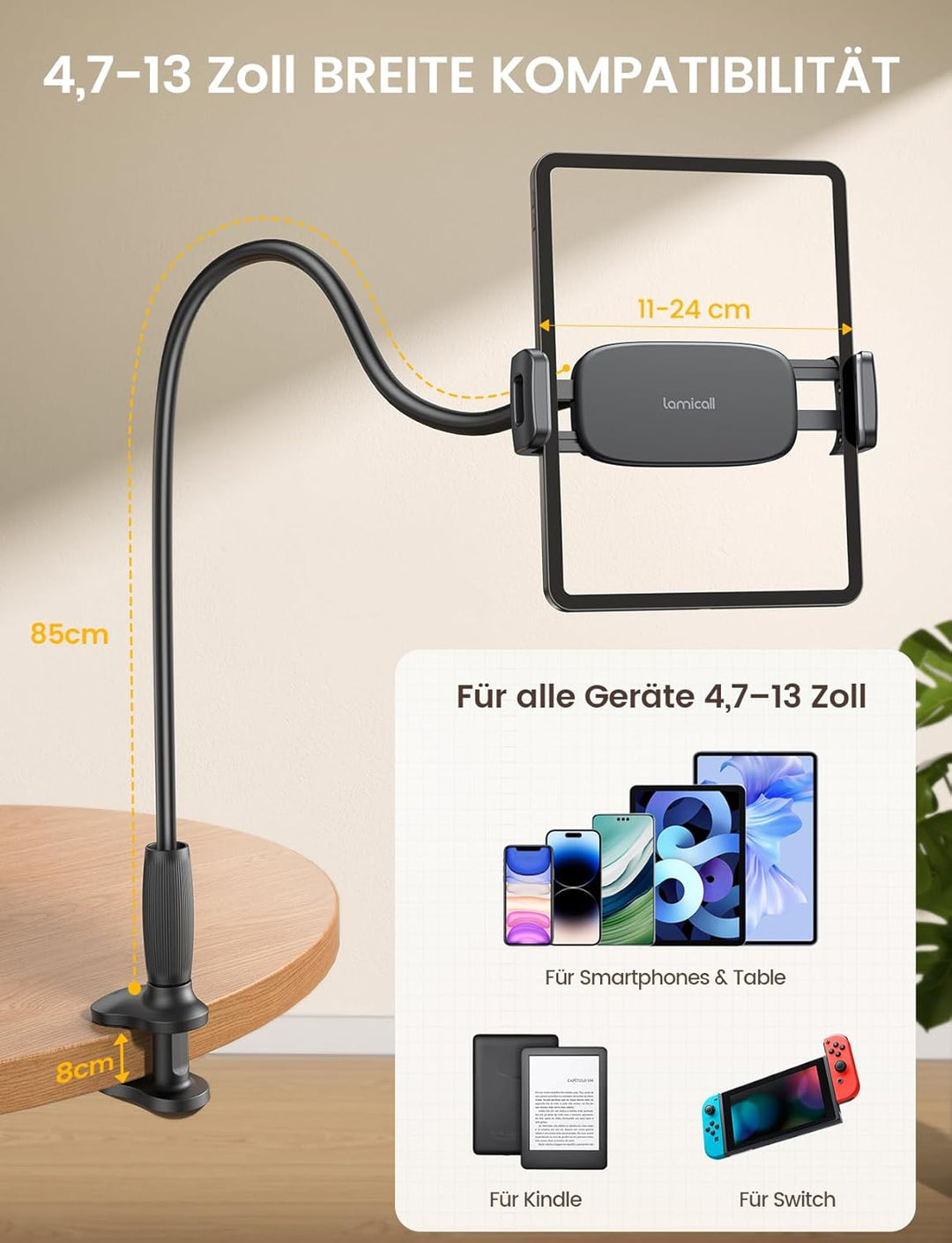 Lamicall Schwanenhals Tablet Halterung Bett - [Stabil unten, Flexibel oben] 85cm Bruchsicher iPad St