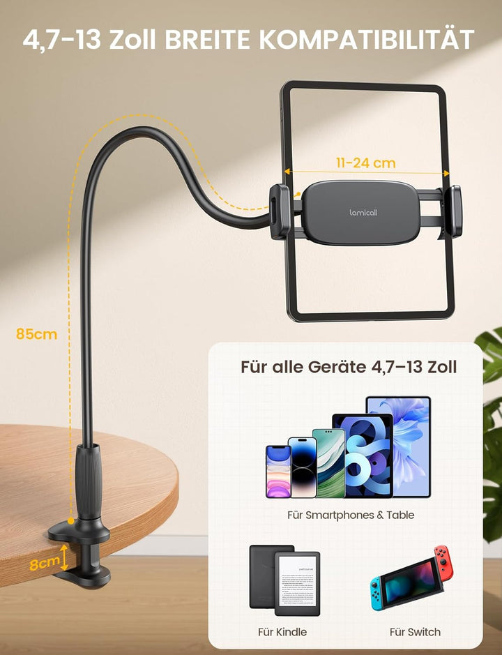 Lamicall Schwanenhals Tablet Halterung Bett - [Stabil unten, Flexibel oben] 85cm Bruchsicher iPad St