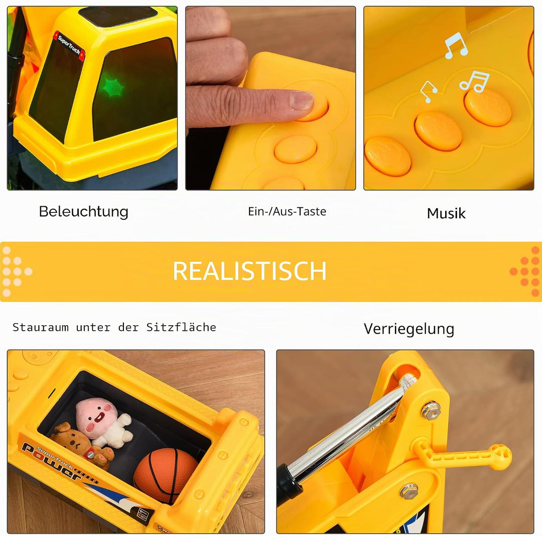 Homcom Kinder Tritor Lauflernhilfe Traktor 2 – 3 Jahre Bagger mit Gelenk, mit Zange inkl. Soundeffek