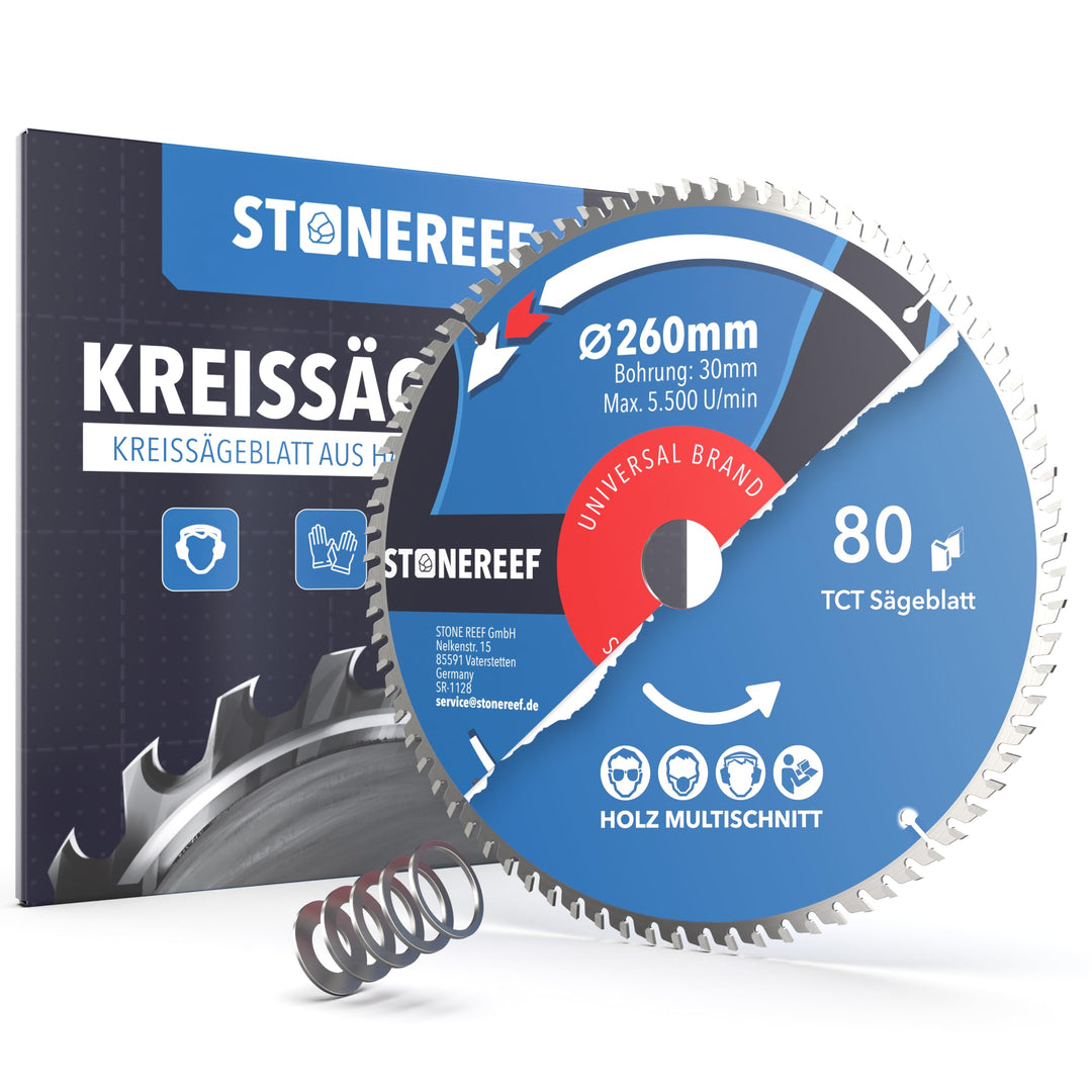 STONE REEF Sägeblatt 260x30 - Kreissägeblatt [inkl. Adapter auf Bohrung 20 &16mm], kompatibel mit Wi