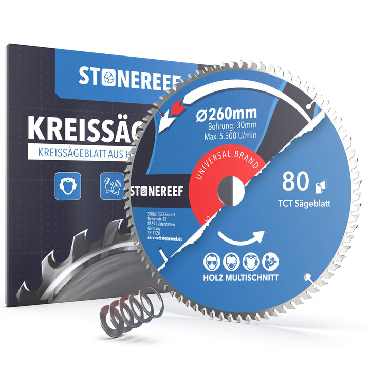 STONE REEF Sägeblatt 260x30 - Kreissägeblatt [inkl. Adapter auf Bohrung 20 &16mm], kompatibel mit Wi