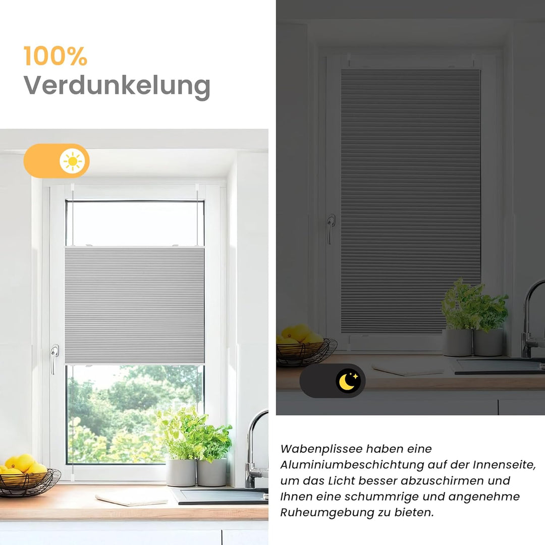 BelleMax Wabenplissee ohne Bohren verdunkelung Thermo plissee klemmfix, Hellgrau-weiss 45x80cm(BxH),