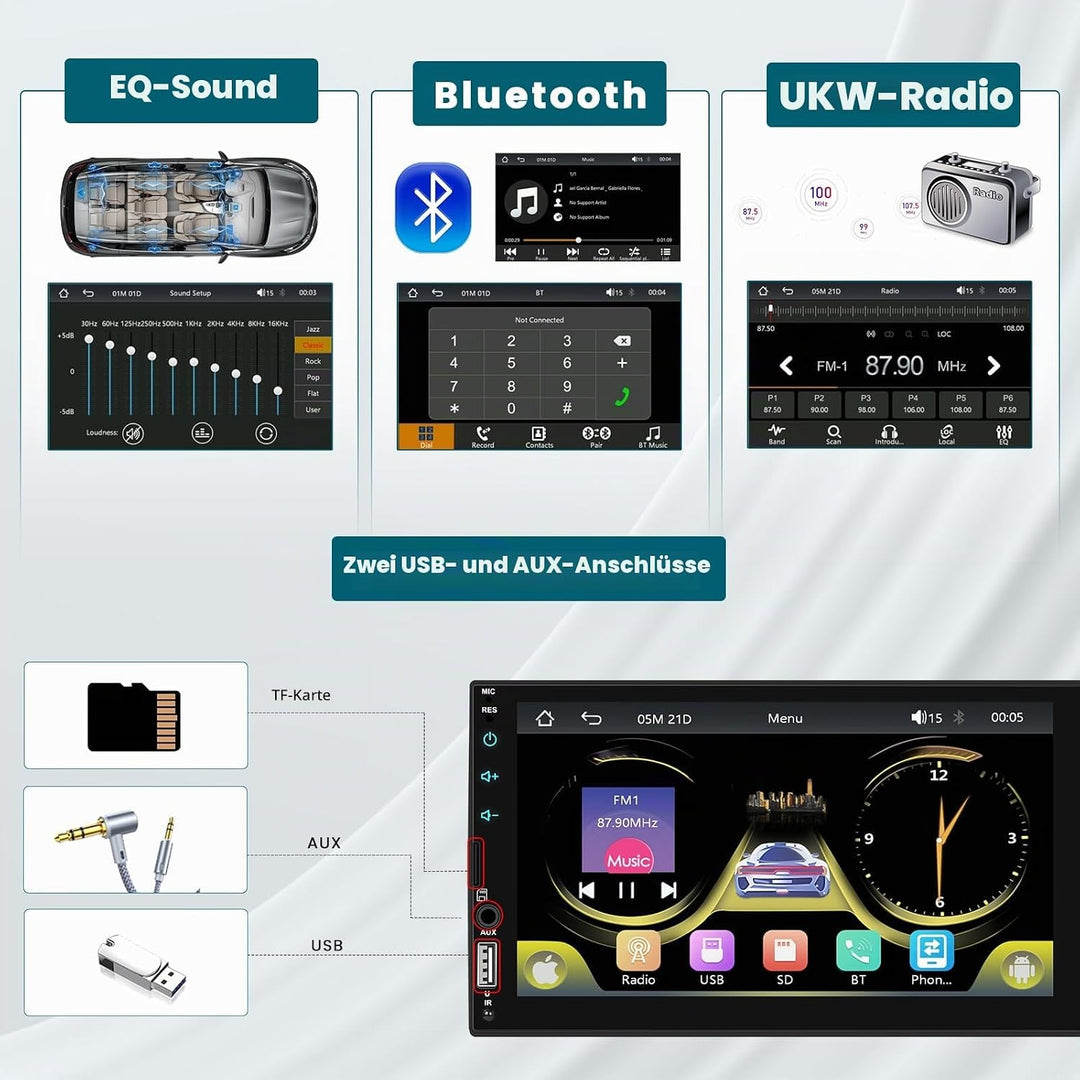 Hikity DAB Autoradio 2 DIN 7 Zoll IPS Touchscreen mit Video-Ausgangsfunktion, Radio 2 Din Bluetooth