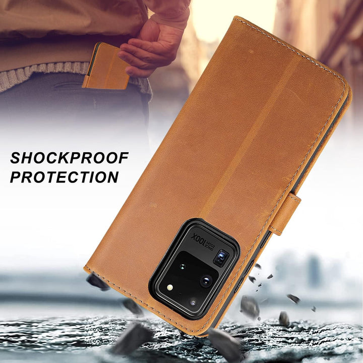 LENSUN Echtleder Hülle für Samsung Galaxy S20 Ultra, Handyhülle Leder [Magnetverschluss][RFID Schutz