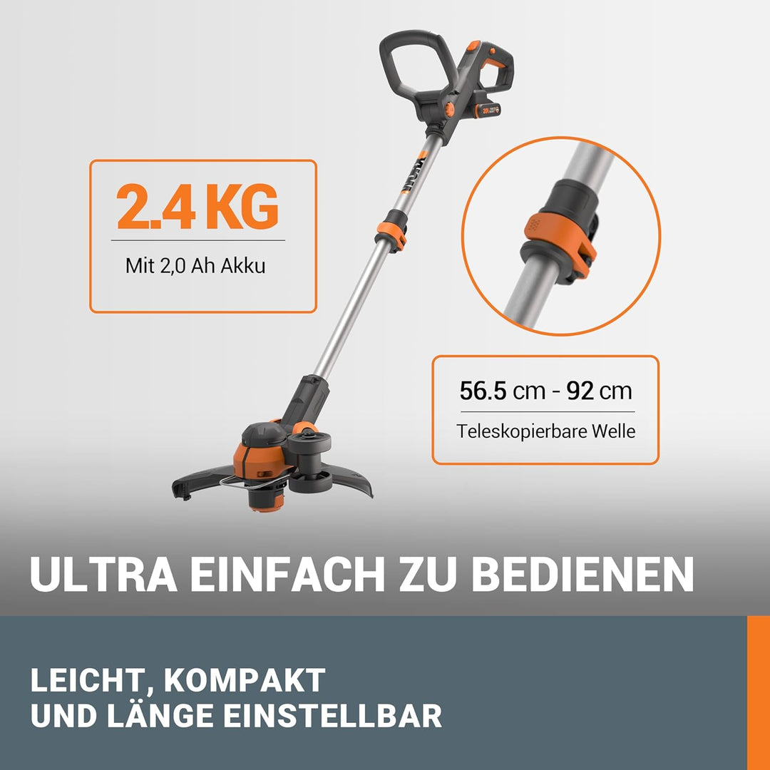 WORX 18V(20V MAX) Akku-Rasentrimmer WG163E.2, 2,0Ah, PowerShare, 2-in-1 Rasentrimmer &amp; Kantenschneid