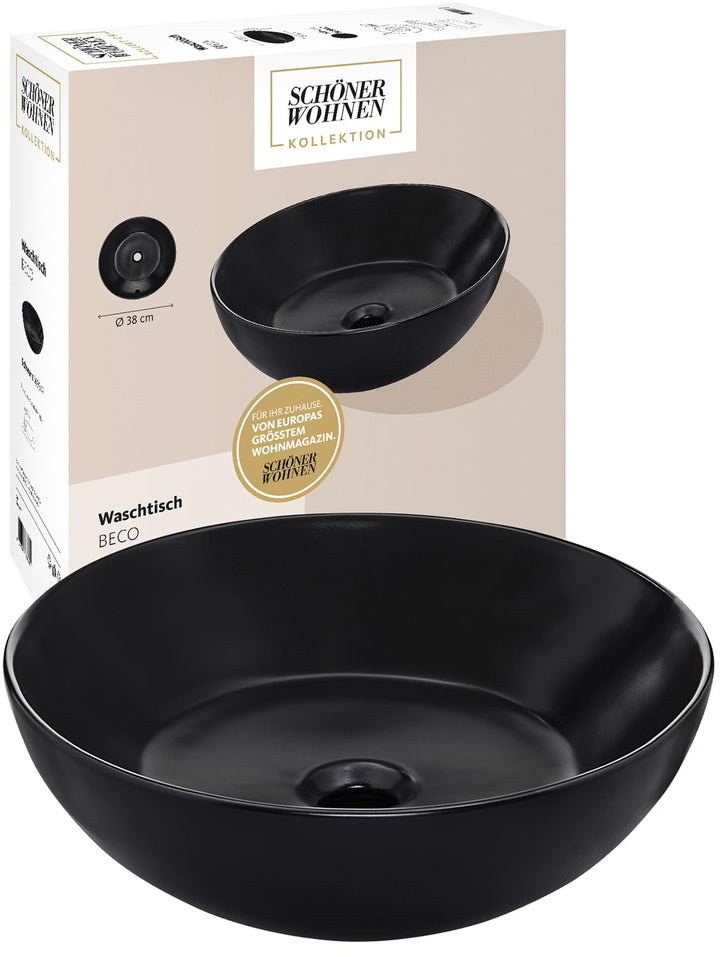 Schöner Wohnen Kollektion Aufsatz-Waschbecken rund Beco, schwarzer Waschtisch 38 cm, Keramikwaschbec