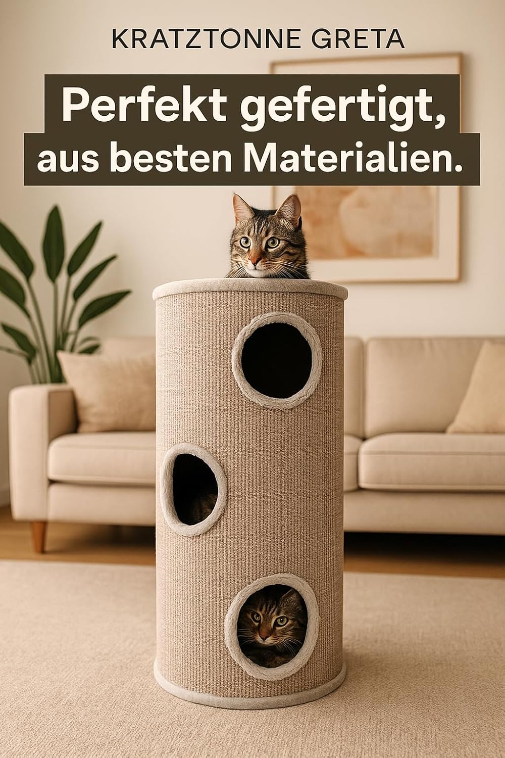 kratztonne für Katzen – Flamingo Greta L – 100 cm – Ø 38 cm – Sisal & Plüsch – geräumig