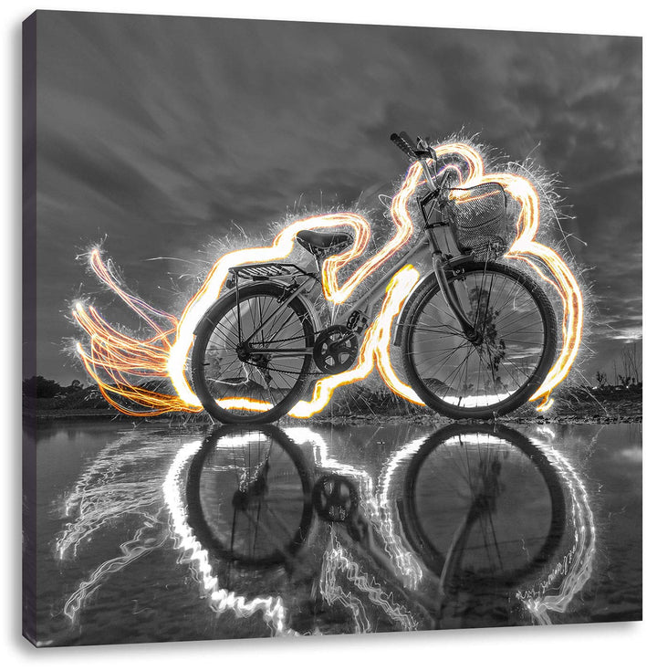 Pixxprint Fahrrad Steht unter Feuer 70x70cm Leinwandbild Wandbild Kunstdruck, 70x70
