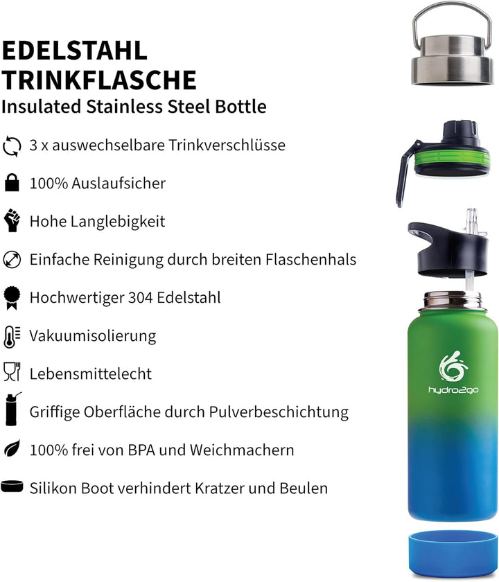 hydro2go ® Trinkflasche aus Edelstahl 1000 ml / 1 Liter - für Sport, Fitness & Outdoor | Thermo Edel