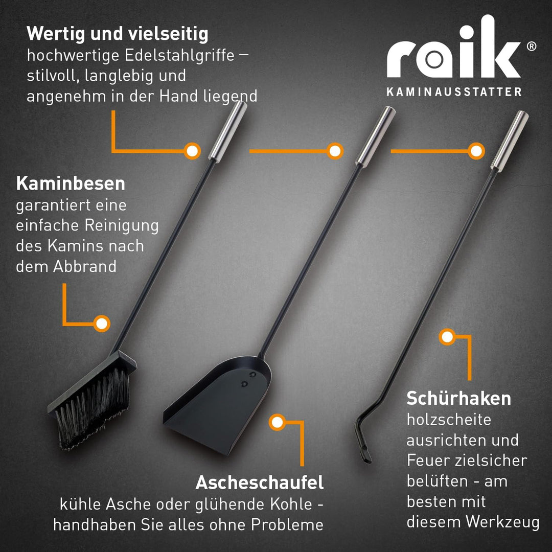raik Kaminbesteck Ludwig 4-teilig mit Schürhaken Kaminschaufel Kaminbesen und Besteckhalter aus Stah