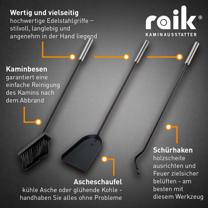 raik Kaminbesteck Ludwig 4-teilig mit Schürhaken Kaminschaufel Kaminbesen und Besteckhalter aus Stah