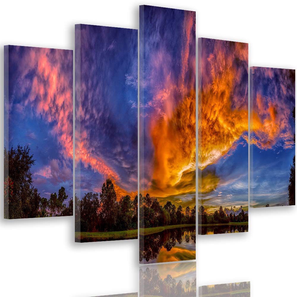 Feeby Bilder Landschaft 200x100 cm - Leinwandbild 5 Teilig XXL Kunstdruck Wolken blau Leinwandbild X
