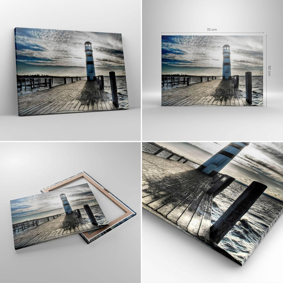 Bilder auf Leinwand See Leuchtturm Holzbrücke Wasser Leinwandbild 70x50cm Wandbilder Dekoration Wohn