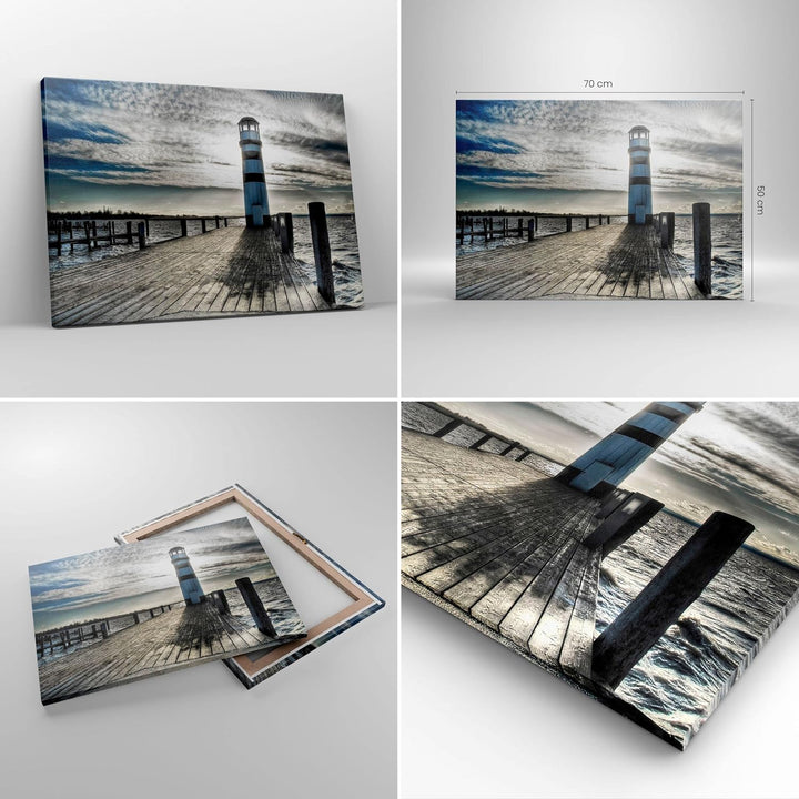 Bilder auf Leinwand See Leuchtturm Holzbrücke Wasser Leinwandbild 70x50cm Wandbilder Dekoration Wohn