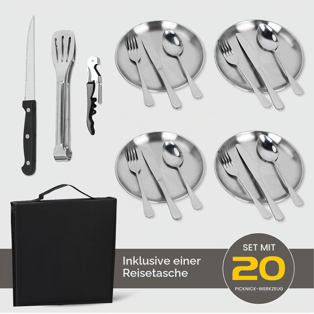 Campingbesteck Set für 4 Personen - Tragbares Edelstahl Outdoor Geschirr Set für Camping, Picknick u