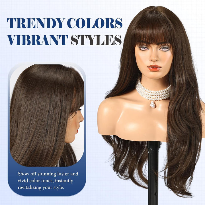 HAIRCUBE Lange dunkelbraune Perücke mit Pony, geschichtete lockige Perücken für Frauen, natürliche s