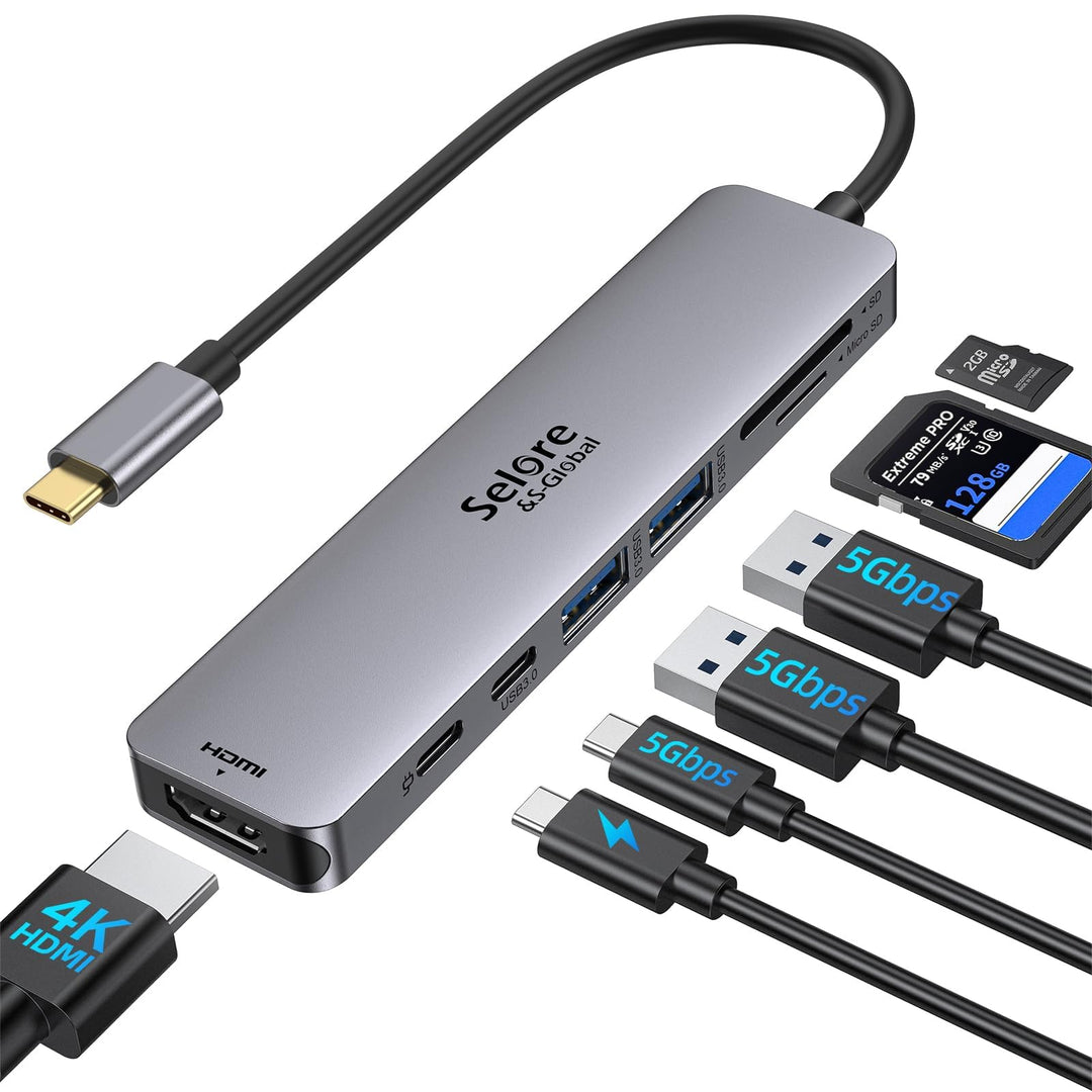Selore&S-Global USB C Hub HDMI Adapter für MacBook Pro/Air, 7 in 1 USBC Dongle with HDMI, SD/TF Card