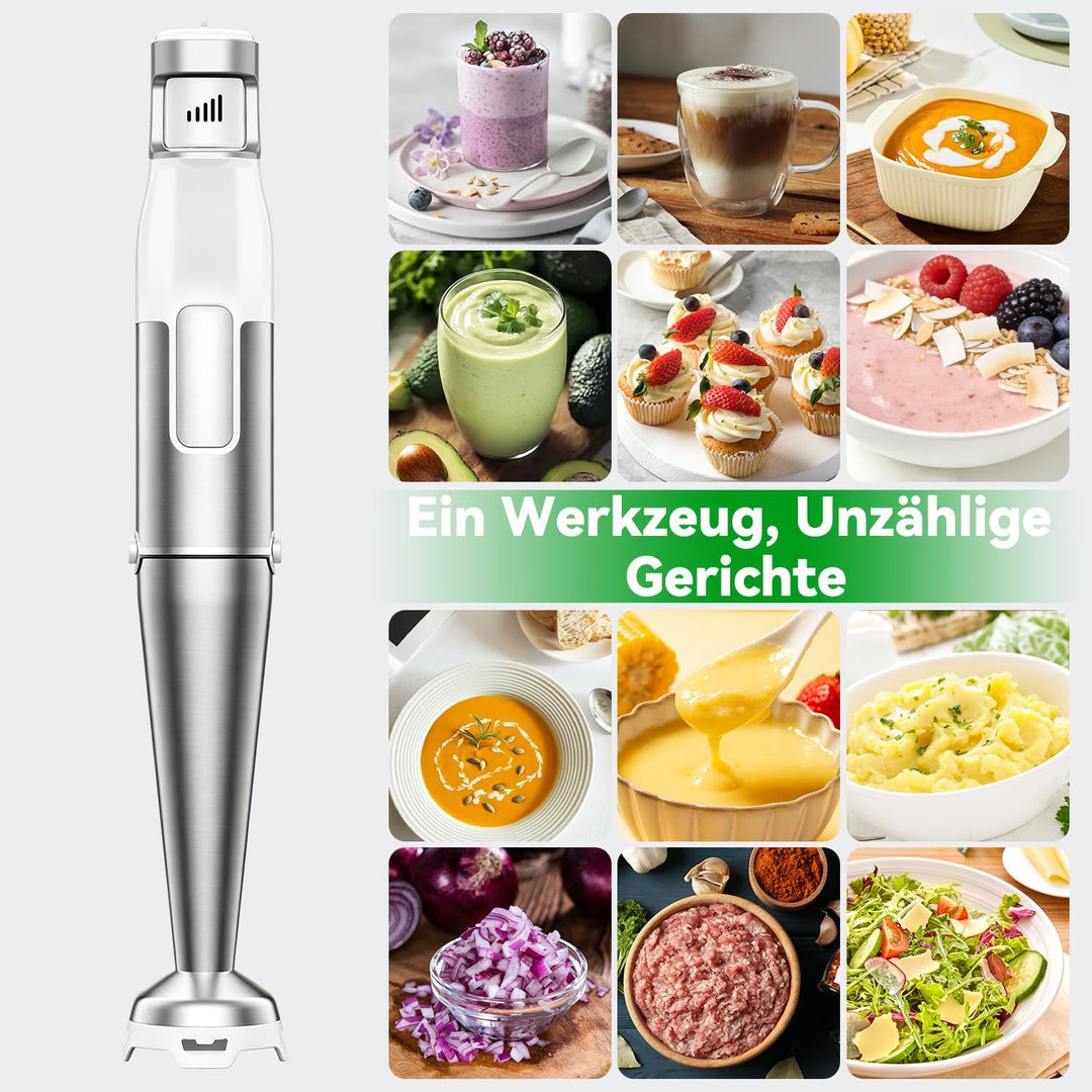 Stabmixer Set 5 in 1, 1100W Pürierstab Elektrisch, Stufenlose Geschwindigkeit, Edelstahl Hand Blende