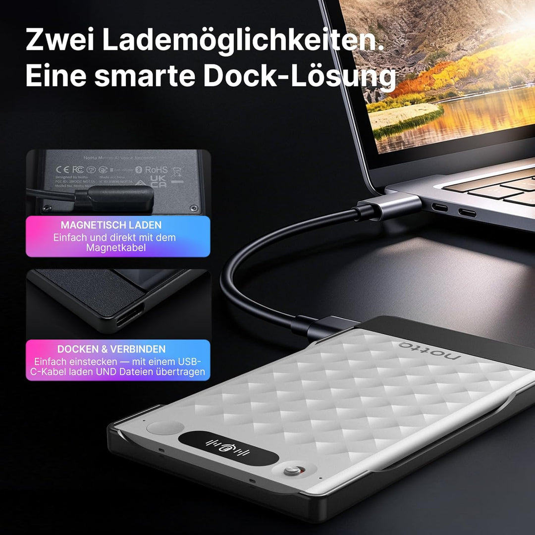 KI-Sprachrecorder, Notta Memo Digitales Diktiergerät(Silber), inkl. Memo MagBridge, KI-Transkription