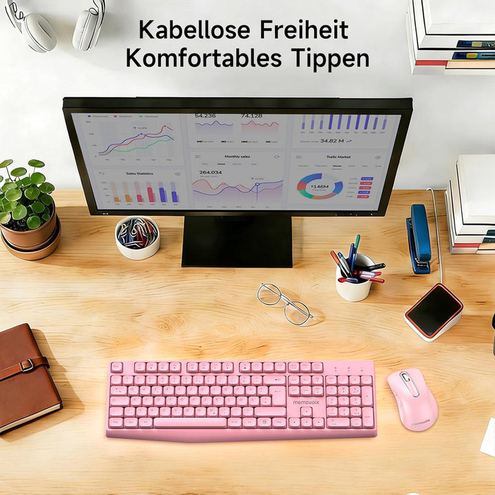QWERTZ Kabelloses Tastatur Maus Set, Full Size 105-Tasten Tastatur mit Nummernblock, 2.4GHz Funk mit