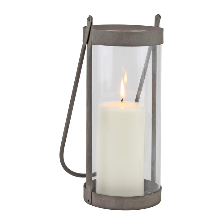 Stonebriar Industrial Glass Cylinder Hurricane Candle Lantern with Rustic Zinc Metal Frame and Handl