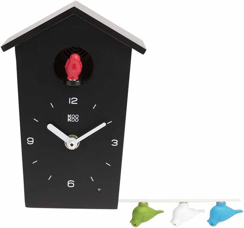 KOOKOO Birdhouse Mini Schwarz, Design Kuckucksuhr mit 12 Vogelstimmen oder Kuckuck, Schwarz