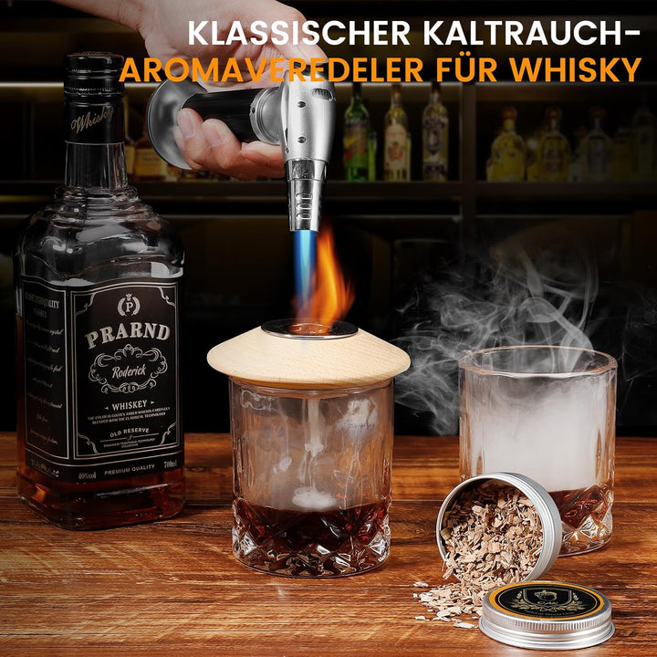 Whiskey Cocktail Smoker Set mit Brenner, 6 Geschmacksrichtungen Holzspäne, 2 Gläser, 2 Eisball-Forme