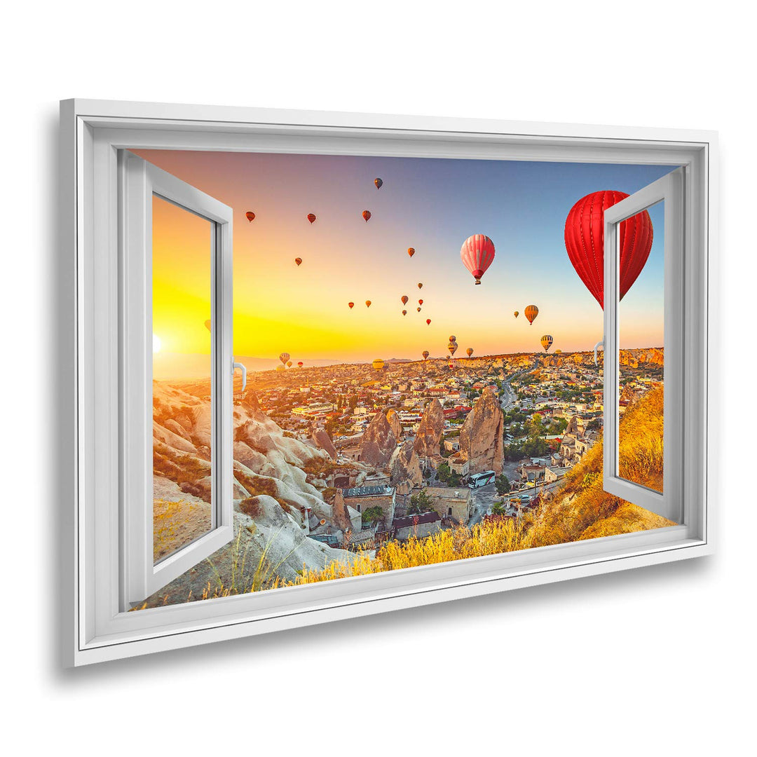 islandburner Bild auf Leinwand Fensterblick Heissluftballons fliegen über das spektakuläre Kappadoki