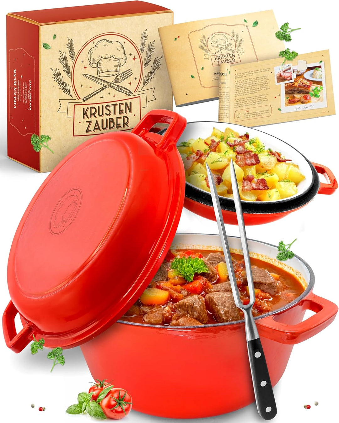KRUSTENZAUBER Gusseisen Topf [inkl. Fleischgabel] - Hochwertiger 26cm Schmortopf backofengeeignet -