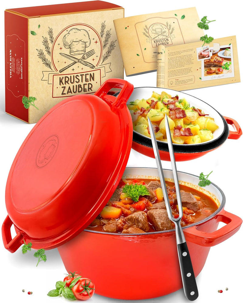 KRUSTENZAUBER Gusseisen Topf [inkl. Fleischgabel] - Hochwertiger 26cm Schmortopf backofengeeignet -