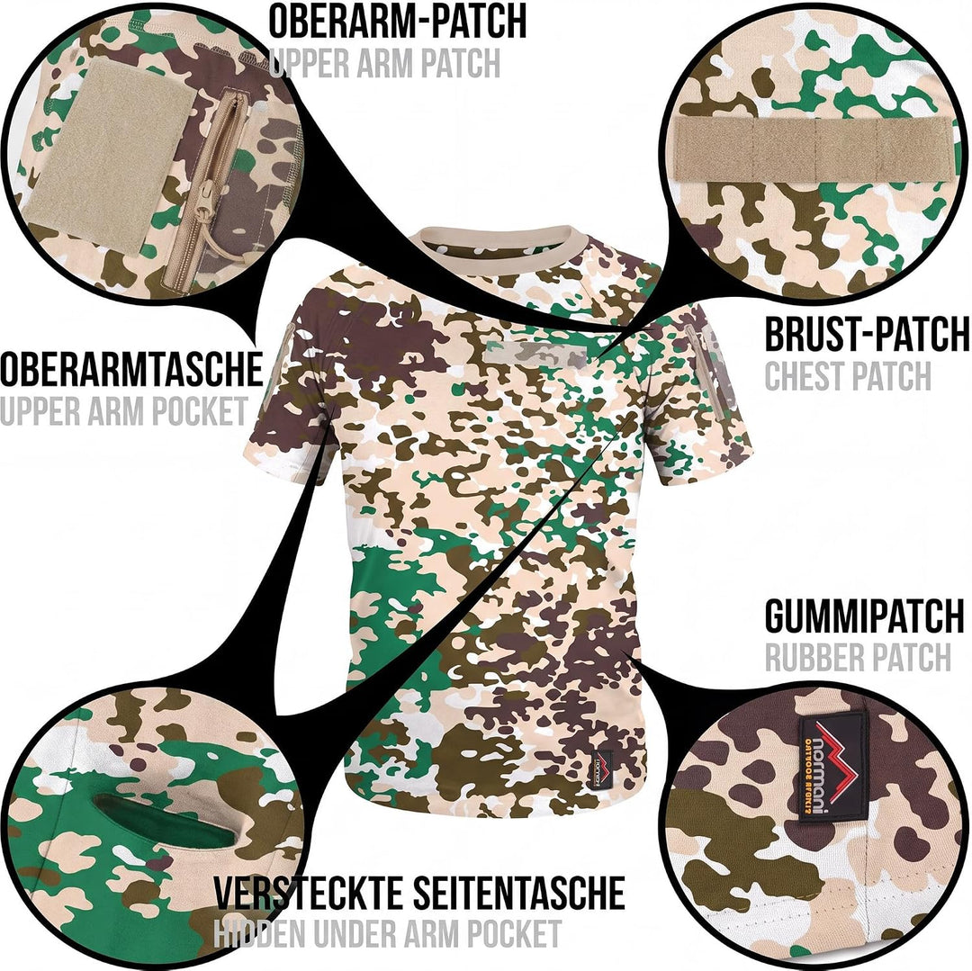 Tactical BDU Kampfshirt T-Shirt mit Klettpatches, Armtaschen &amp; versteckten Seitentaschen S Flecktarn