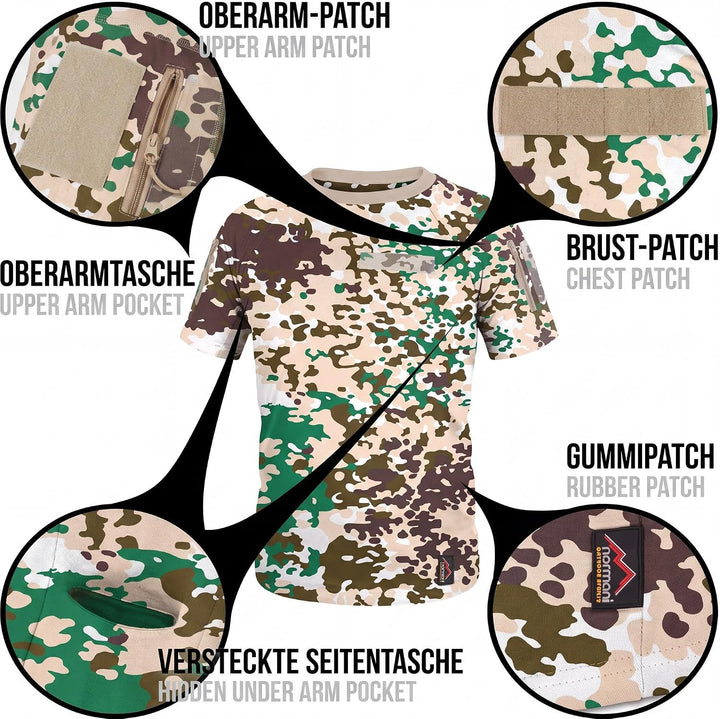 Tactical BDU Kampfshirt T-Shirt mit Klettpatches, Armtaschen &amp; versteckten Seitentaschen S Flecktarn