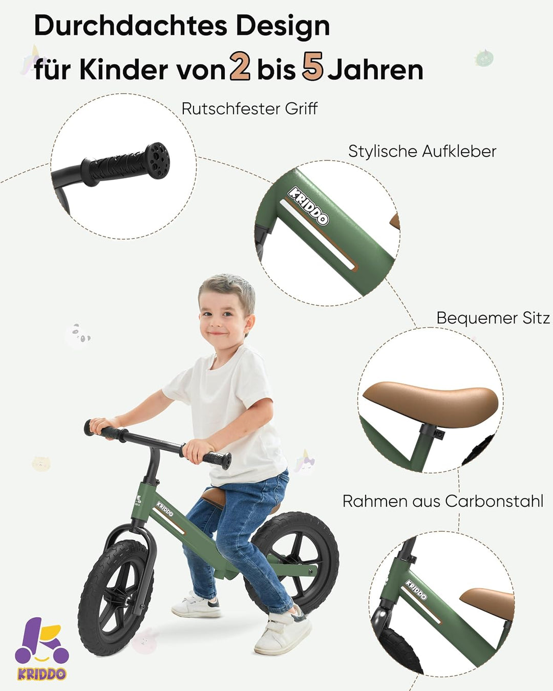 KRIDDO Laufrad ab 2 Jahren, Balancefahrrad für Kinder von 2-5 Jahren, Dual-Lager für sanftes Fahren,