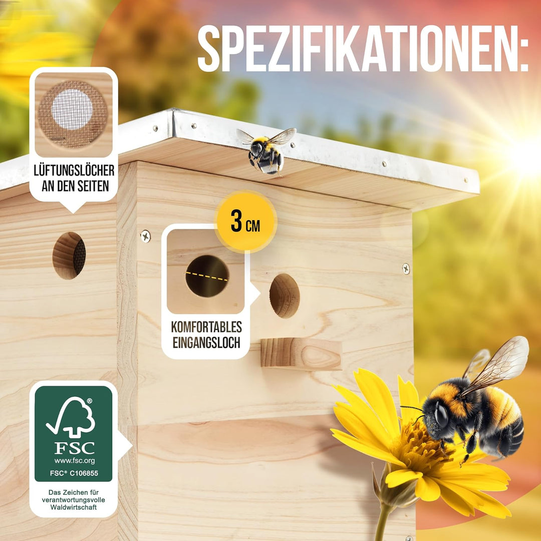 BEESI Hummelhaus gross inkl. Nistmaterial I Kapok, Nistkarton, Holzspäne I Hummelhotel Massivholz ve