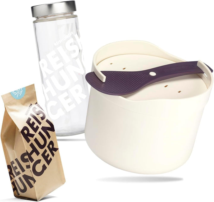 REISHUNGER Starter Set Mikrowellen Reiskocher (1,7 l) - weiss - Für perfekt gegarten Reis in nur 12