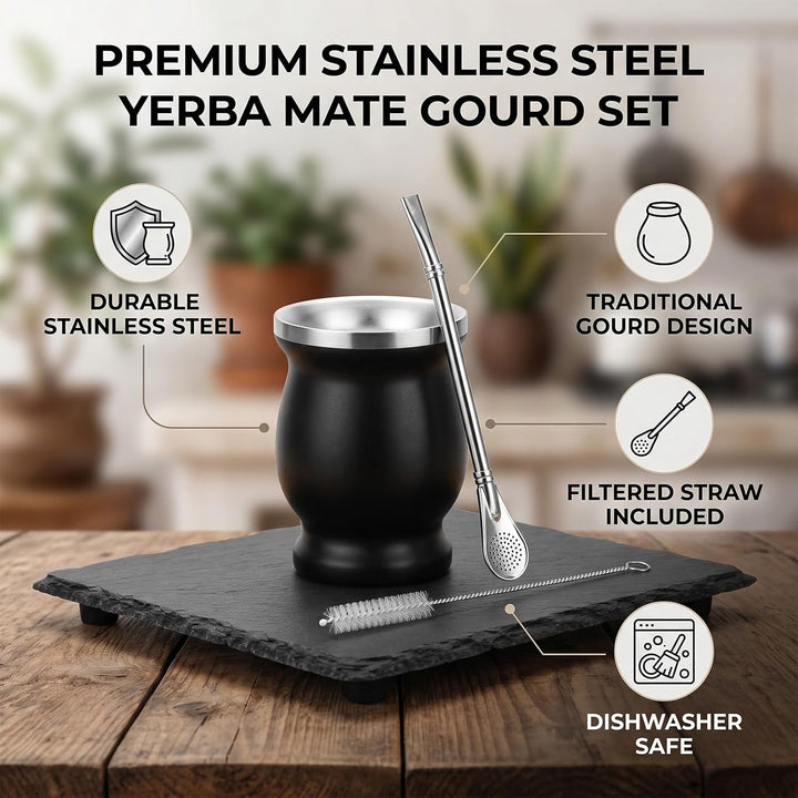 Yerba Mate Becher, Edelstahl Mate Becher Mit Reinigungsbürste Schwarzer Yerba Mate Strohhalm Mate Te