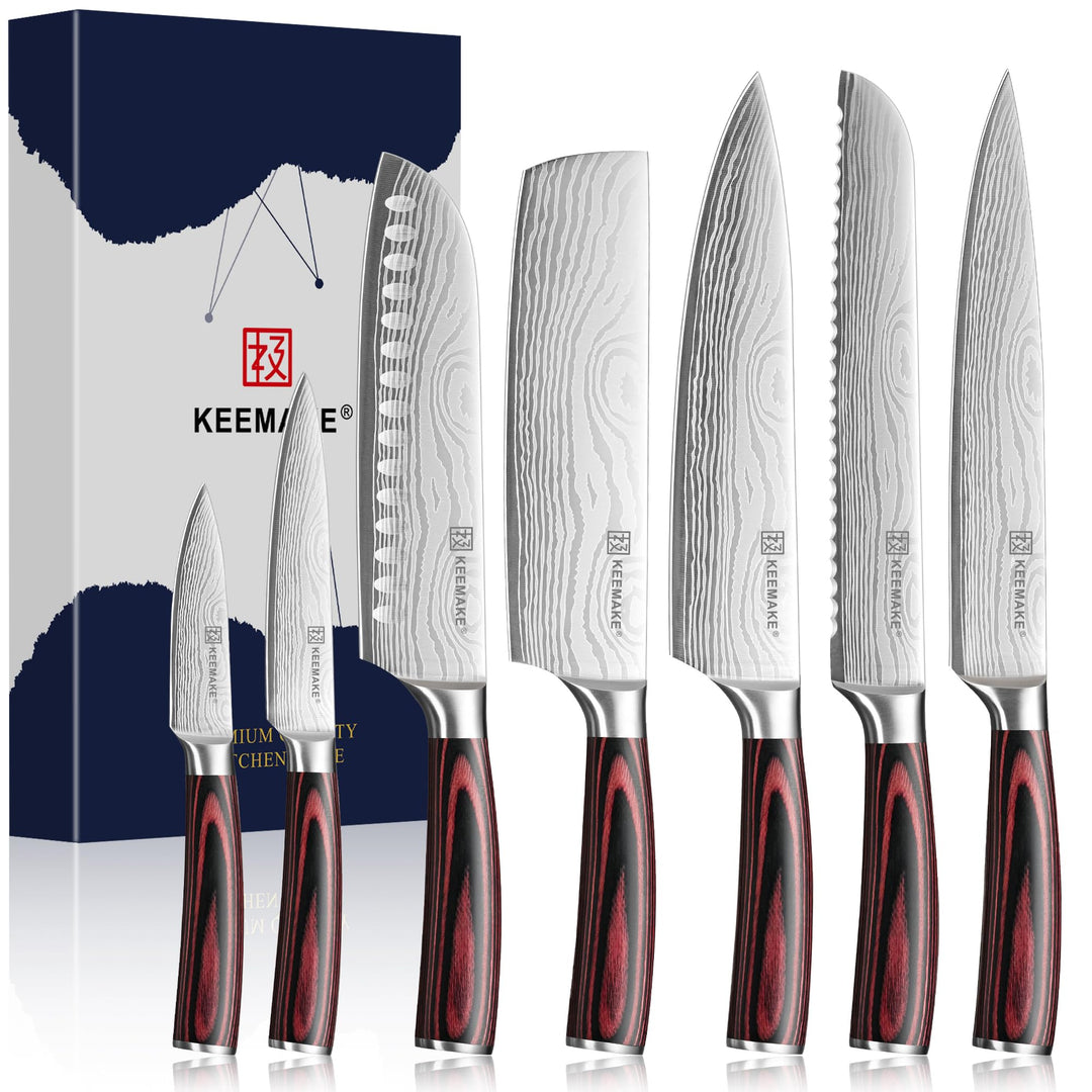 KEEMAKE Küchenmesser Set 7 teilig, Messerset aus Edelstahl mit Profi Brotmesser Kochmesser Santoku M