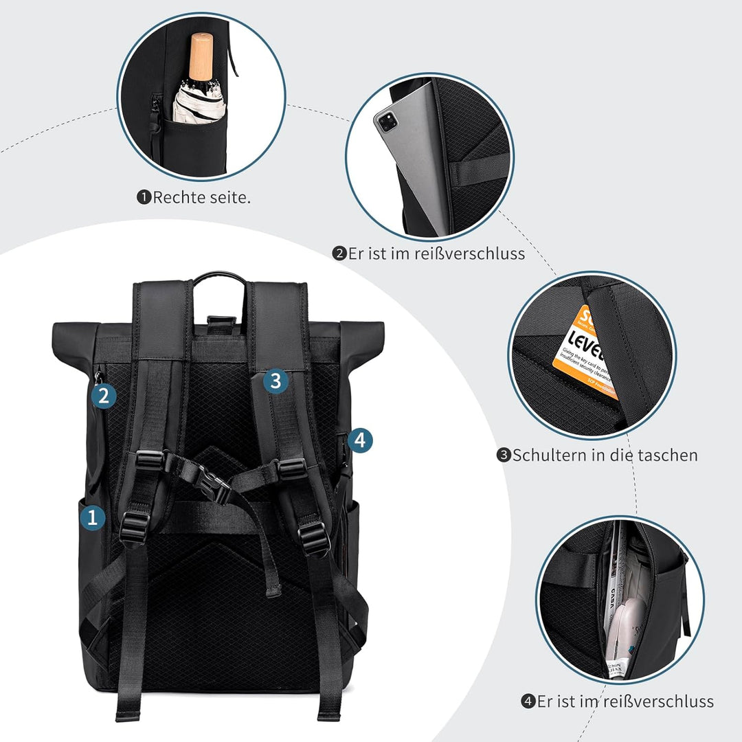 Rolltop Rucksack Damen Herren Gross Laptop Rucksack Wasserdichter mit Computerfach 17,3 Zoll Rucksäc