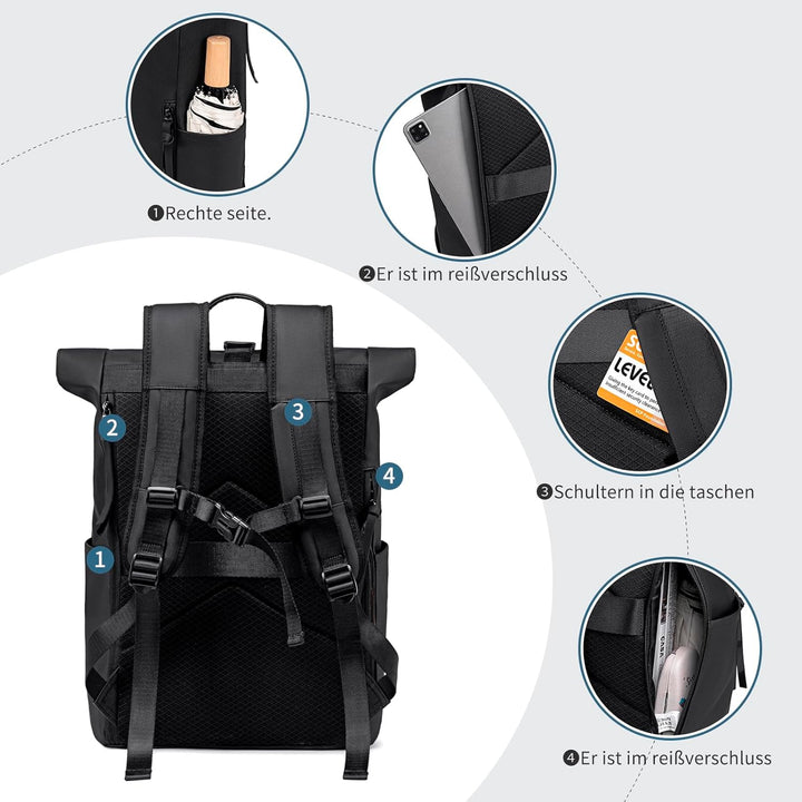Rolltop Rucksack Damen Herren Gross Laptop Rucksack Wasserdichter mit Computerfach 17,3 Zoll Rucksäc