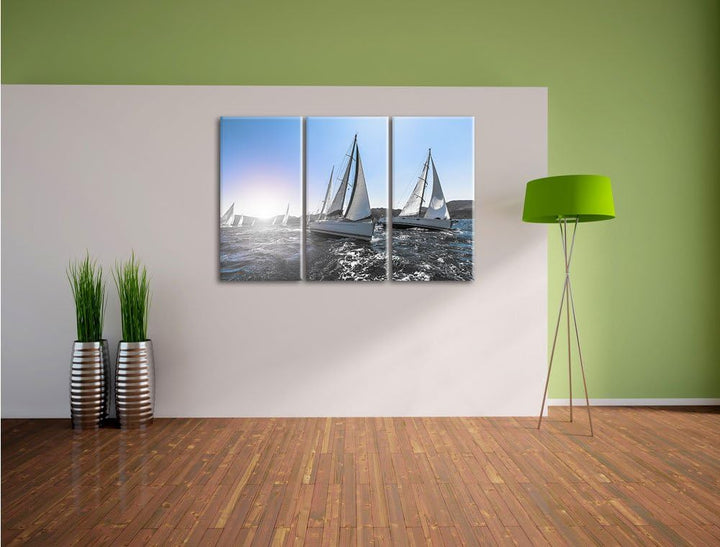 Pixxprint Luxusyachten bei Segelregatta als Leinwandbild/Grösse: 3 Teilig (120x80) cm/Wandbild/Kunst