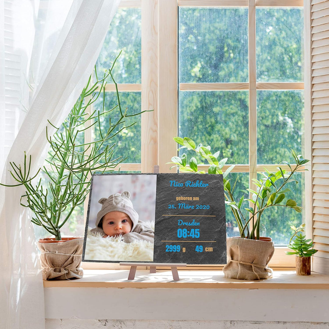 wandmotiv24 Schieferplatte mit eigenem Foto zur Geburt, 30 x 20 cm, inklusive Staffelei, Babyfoto, G