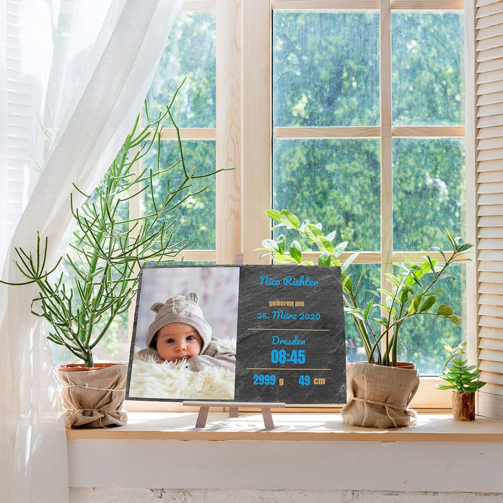 wandmotiv24 Schieferplatte mit eigenem Foto zur Geburt, 30 x 20 cm, inklusive Staffelei, Babyfoto, G